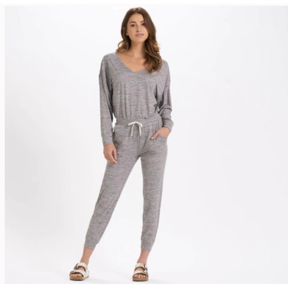 Vuori Gray Heather Long Sleeve Jumpsuit Women V-Neck Drawstring Waist Loungewear